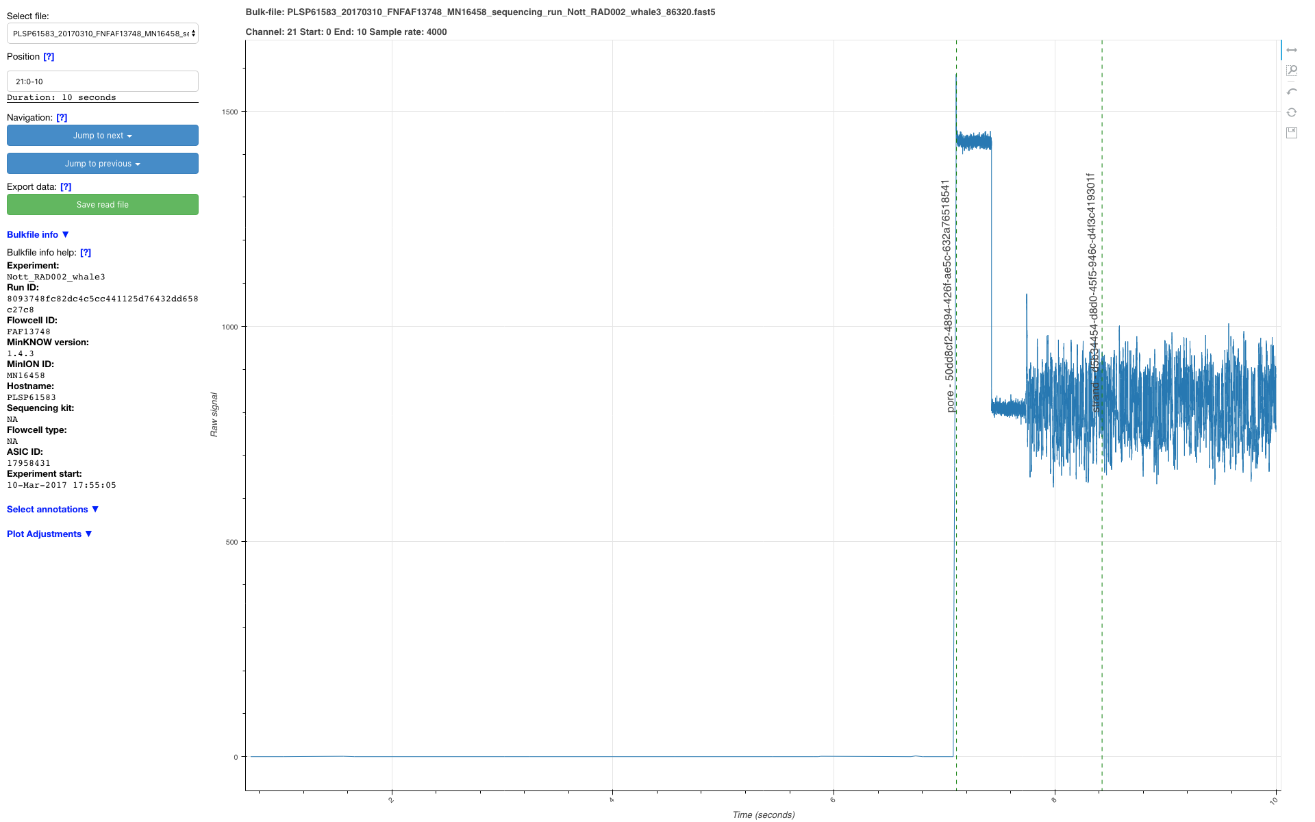 Screenshot of bulkvis showing a 'squiggle' plot of raw nanopore signal and a left-hand sidebar containing information about the plot