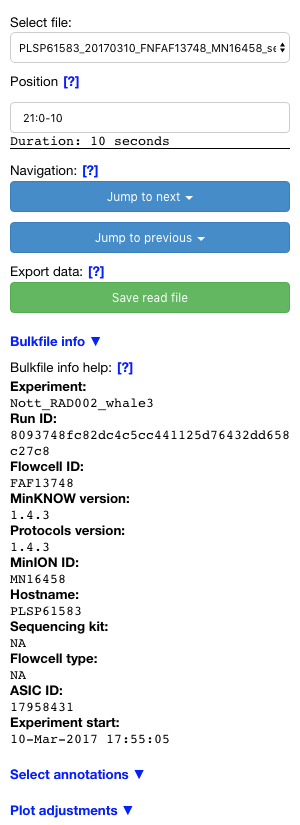 Screenshot of the sidebar from bulkvis, showing the file selections drop-down, position input, jump-to buttons, export button, information panel, and two hidden sections ('Select annotations' and 'Plot adjustments')
