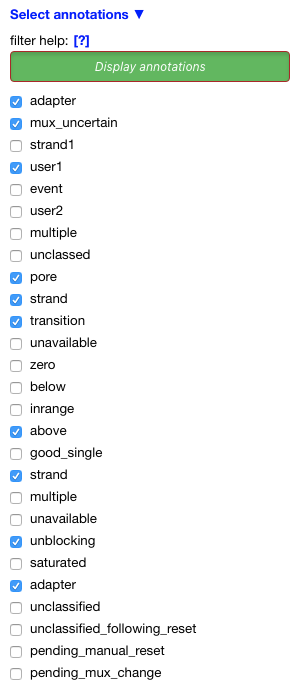 Screenshot of 'Select annotations' section of sidebar showing a button labeled 'Display annotations' and a list of checkboxes