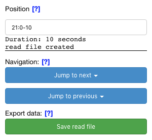 Screenshot of bulkvis sidebar showing position, duration, 'read file created', jump buttons and export button